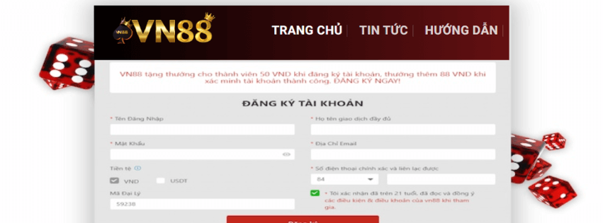 thông tin cần nhập đăng ký vn88