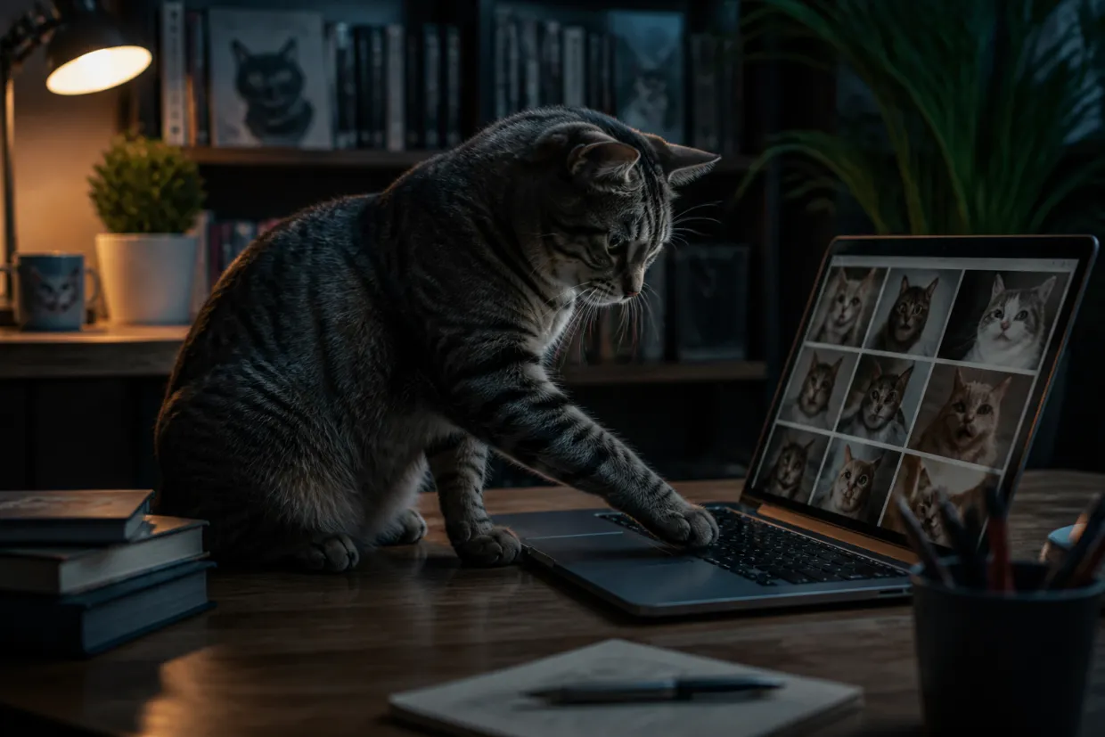 playful cat in a home office with meme templates
