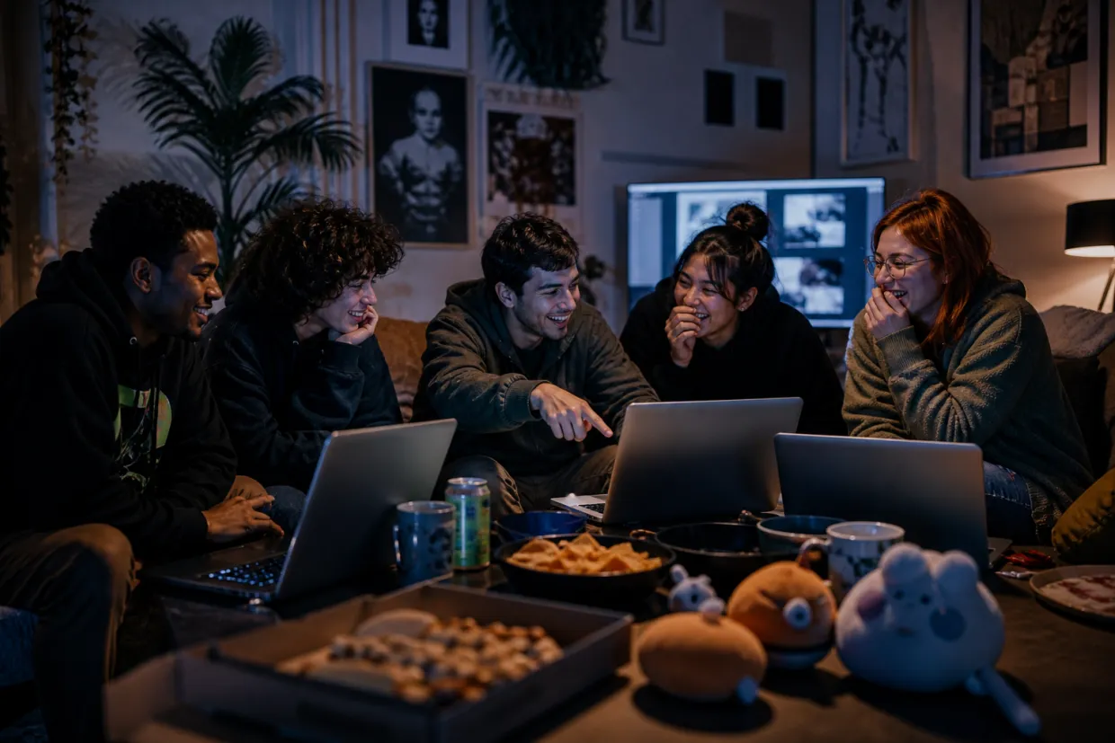 friends sharing memes in a cozy living room