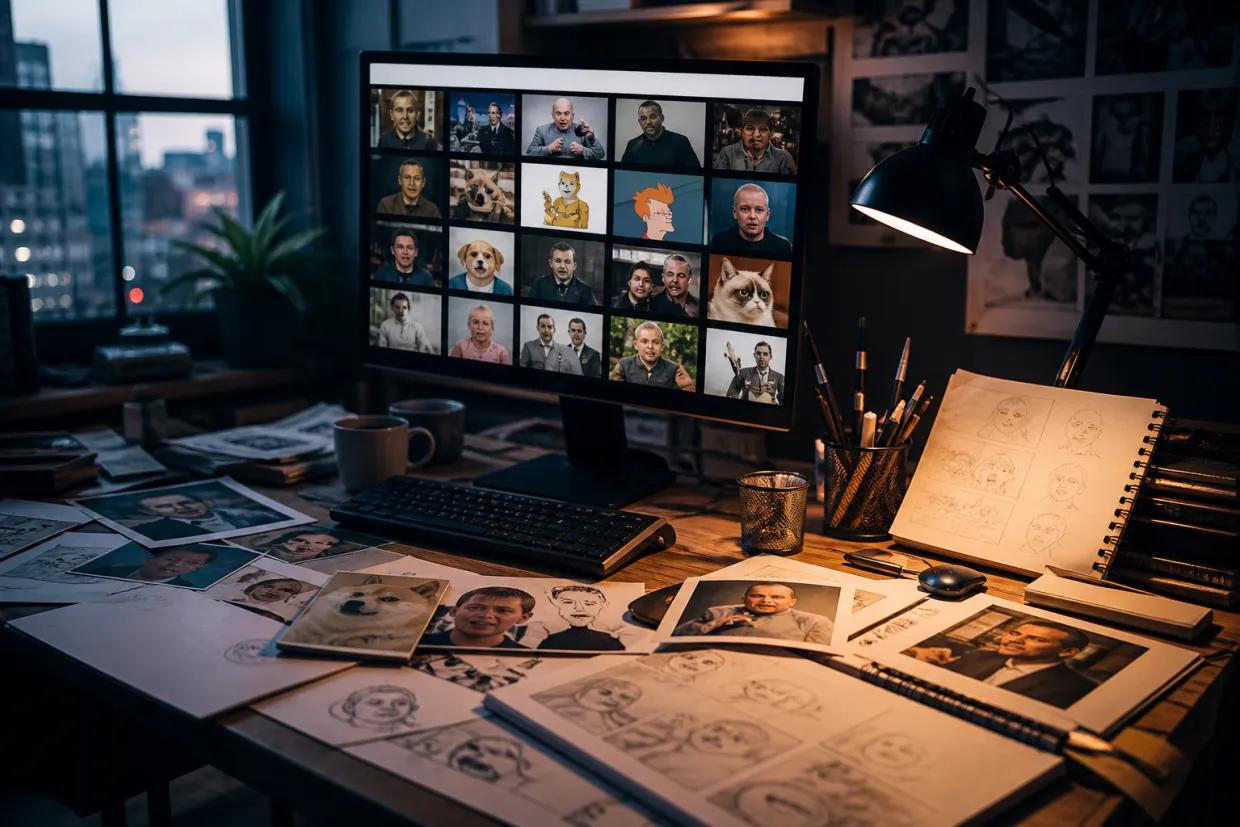 workspace with computer and meme templates