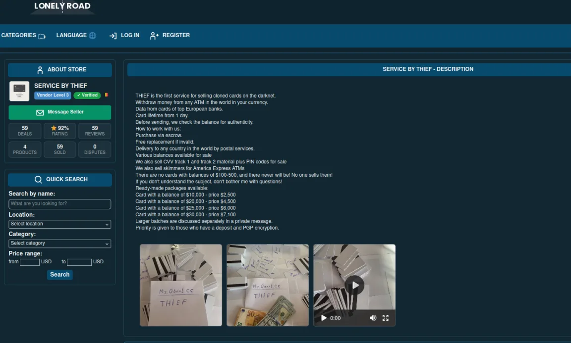 Web interface displaying listings of cloned cards and monetary assets on the darknet.